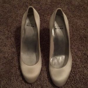 White, satin, 3-inch heels.